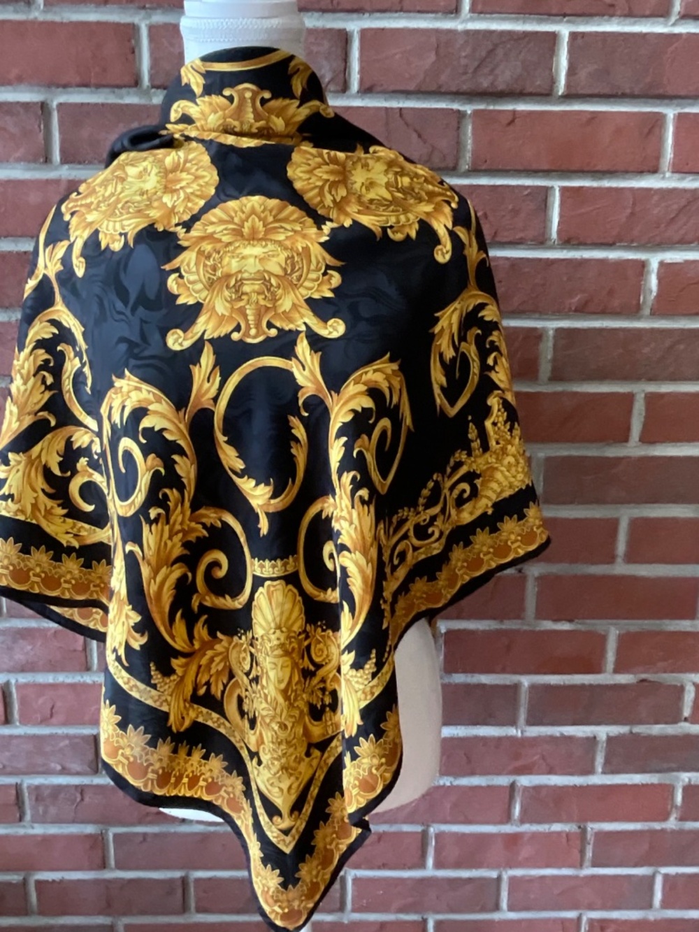 Baroque Print Black Gold Silk Square Scarf 33”x34” Made in Italy